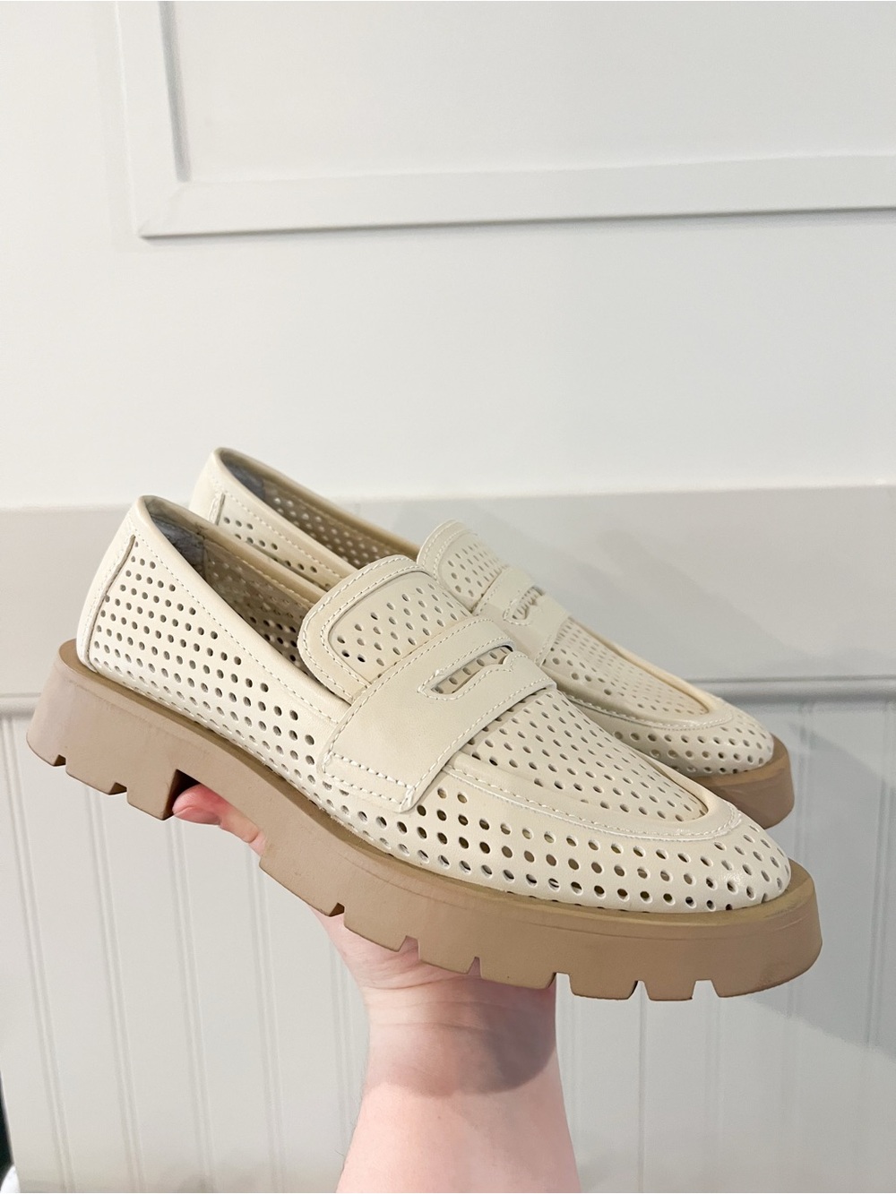 Dolce Vita Cream Perforated Leather Loafers with Tan Lug Sole